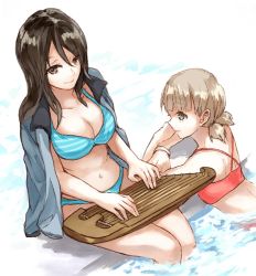 Rule 34 | 10s, aki (girls und panzer), bad id, bad twitter id, bikini, blue background, blue jacket, bracelet, breasts, cleavage, closed mouth, commentary, frown, girls und panzer, green eyes, holding, holding instrument, instrument, jacket, jacket on shoulders, jewelry, kantele, keizoku military uniform, long hair, looking at another, looking at viewer, medium breasts, mika (girls und panzer), music, navel, partially submerged, pink bikini, playing instrument, pool, poolside, raglan sleeves, short hair, short twintails, sitting, smile, soaking feet, standing, striped bikini, striped clothes, swimsuit, track jacket, twintails, yuuyu (777)