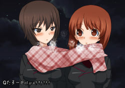 Rule 34 | 10s, 2girls, absurdres, blush, breasts, brown eyes, brown hair, girls und panzer, highres, multiple girls, nishizumi maho, nishizumi miho, open mouth, qtarou, scarf, shared clothes, shared scarf, yuri
