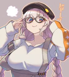 Rule 34 | 1girl, a.i. voice, alternate eye color, bespectacled, black hat, blue eyes, breasts, cabbie hat, closed mouth, collarbone, commentary request, glasses, grey background, hands up, hat, highres, kizuna akari, large breasts, looking at viewer, multicolored eyes, orange eyes, orange outline, puff of air, shirt, sleeves past wrists, smile, solo, sparkle, suspenders, toriniku29, translation request, underbust, upper body, voiceroid, white hair, white shirt, yellow eyes