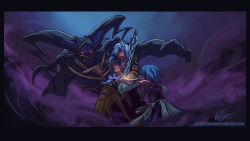 Rule 34 | 1girl, 1other, 2boys, aqua (kingdom hearts), armor, artist name, battle, blue hair, clash, commentary, dark background, detached sleeves, english commentary, from behind, gears2gnomes, glowing, glowing eyes, keyblade, kingdom hearts, kingdom hearts birth by sleep, monster, multiple boys, possessed, serious, short hair, smoke, sparks, spoilers, sword clash, terra (kingdom hearts), watermark, weapon, web address, white hair, xehanort, yellow eyes