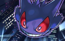Rule 34 | black eyes, bright pupils, building, colored sclera, commentary request, creatures (company), game freak, gen 1 pokemon, gengar, glowing, grin, hyou (hyouga617), night, nintendo, no humans, outdoors, pokemon, pokemon (creature), red sclera, smile, solo, teeth
