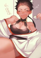 Rule 34 | 1girl, alcohol, black hair, blush, breasts, cleavage, dark-skinned female, dark skin, dotsuco, drooling, drunk, closed eyes, fang, female focus, halterneck, japanese clothes, off shoulder, open mouth, original, sake, sash, short hair with long locks, solo, thighs