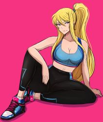 Rule 34 | arm support, black pants, blonde hair, blue eyes, breasts, cleavage, elbow on knee, hair between eyes, high-waist pants, high ponytail, highres, large breasts, long hair, metroid, midriff, mole, mole under mouth, navel, nintendo, omiza somi, on floor, pants, ponytail, samus aran, serious, shoes, sidelocks, sitting, sneakers, solo, sports bra, sportswear, spread legs, tight clothes, tight pants, very long hair, yoga pants