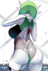 Rule 34 | 1girl, artist name, ass, back cutout, bare shoulders, breasts, clothed pokemon, clothing cutout, colored skin, cowboy shot, creatures (company), female focus, from behind, furry, game freak, gardevoir, gen 3 pokemon, green hair, green one-piece swimsuit, hand up, highres, huge ass, indoors, large breasts, nintendo, one-piece swimsuit, pokemon, pokemon (creature), pool, sana!rpg, shiny clothes, short hair, signature, skindentation, solo, standing, swimsuit, thick thighs, thigh strap, thighs, towel, towel around neck, wet, white skin, wide hips