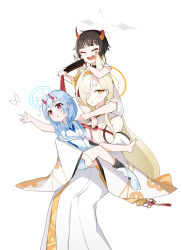 Rule 34 | 3girls, :d, aged down, animal ears, azisai, baby carry, black hair, blonde hair, blue archive, blue hair, blush, braid, broken horn, carrying, child, chise (blue archive), closed eyes, earrings, eyeshadow, flower, hair flower, hair ornament, halo, hand fan, highres, holding, holding fan, hoop earrings, horns, invisible chair, japanese clothes, jewelry, kaho (blue archive), kimono, long hair, long sleeves, looking at viewer, makeup, mole, mole under eye, multiple girls, niya (blue archive), oni horns, open mouth, red eyes, red eyeshadow, red horns, short hair, simple background, sitting, smile, twin braids, white background, white kimono, wide sleeves, yellow eyes