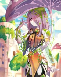 Rule 34 | 1girl, absurdres, blurry, blurry background, bracelet, city, closed mouth, commentary, english commentary, giant mushroom, hair over one eye, hand up, highres, holding, holding mushroom, jewelry, little witch academia, moss, mushroom, pale skin, plant, red eyes, solarpunk, solo, standing, sucy manbavaran, vines, yaya chan