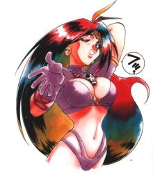 Rule 34 | 1girl, antenna hair, araizumi rui, arms up, breasts, earrings, gloves, gradient hair, jewelry, jpeg artifacts, large breasts, long hair, multicolored hair, naga the serpent, navel, official art, one eye closed, purple hair, red hair, revealing clothes, scan, skull, slayers, solo, tiara, very long hair, wink