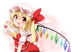 Rule 34 | 1girl, ascot, asymmetrical hair, blonde hair, blush, bow, commentary request, crystal, fang, flandre scarlet, frilled skirt, frills, hat, hat bow, heart, mob cap, open mouth, puffy short sleeves, puffy sleeves, rainbow order, red bow, red eyes, short sleeves, side ponytail, skirt, smile, solo, suwa yasai, touhou, v, wings, wrist cuffs