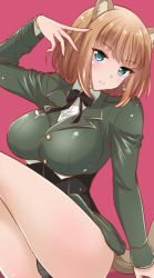 Rule 34 | 10s, 1girl, animal ears, aqua eyes, arm support, black panties, brave witches, breasts, brown hair, gundula rall, hasemi ryou, large breasts, looking at viewer, military, military uniform, panties, pantyshot, ribbon, short hair, sitting, smile, solo, tail, underwear, uniform, wolf ears, wolf tail, world witches series