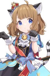 Rule 34 | 1girl, ahoge, animal ears, ascot, bad id, bad twitter id, bell, black gloves, blue dress, blue eyes, blue neckwear, blue ribbon, bow, bowtie, brown hair, cat ears, cat girl, cat tail, chiri (ch!), closed mouth, cowboy shot, crown, dress, dress bow, expressionless, frilled dress, frilled gloves, frilled sleeves, frills, fur-trimmed gloves, fur trim, gloves, gold trim, hair ribbon, hands up, idolmaster, idolmaster million live!, idolmaster million live! theater days, jingle bell, layered dress, looking at viewer, medium hair, mini crown, paw pose, paw print, print dress, puffy short sleeves, puffy sleeves, ribbon, sash, short sleeves, simple background, solo, striped bow, striped bowtie, striped clothes, striped neckwear, striped ribbon, striped tail, suou momoko, tail, tilted headwear, white background, white neckwear