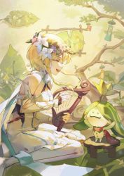 Rule 34 | 1girl, absurdres, bare shoulders, blonde hair, closed eyes, flower, flower on head, genshin impact, harp, highres, instrument, lumine (genshin impact), sitting, smile, wariza, xiaoxiaoanye