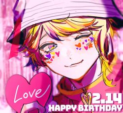 Rule 34 | 1boy, blonde hair, blue eyes, blush, box, dated, freckles, happy birthday, hat, heart, heart-shaped box, highres, jacket, l99 2km, long sleeves, male focus, misuji kantaro, multicolored eyes, multicolored hair, one eye closed, paradox live, pink eyes, pink hair, pink jacket, purple eyes, purple hair, short hair, solo, yellow eyes