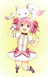 Rule 34 | 10s, 1girl, bad id, bad pixiv id, blush, bow, bubble skirt, dress, gloves, hair bow, kaname madoka, kaname madoka (magical girl), kyubey, magical girl, mahou shoujo madoka magica, mahou shoujo madoka magica (anime), open mouth, pink eyes, pink hair, shishamo (scholacco), shoes, short hair, short twintails, skirt, smile, twintails