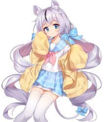 Rule 34 | 1girl, :3, animal ear fluff, animal ears, bad id, bad pixiv id, black hair, blue bow, blue eyes, blue sailor collar, blue skirt, blush, bow, brown cardigan, cardigan, chobi (penguin paradise), closed mouth, commentary request, feet out of frame, grey hair, hair bow, hair ornament, hairclip, highres, indie virtual youtuber, long hair, long sleeves, looking at viewer, low twintails, mouse ears, mouse girl, mouse tail, multicolored hair, neckerchief, nezumi nemurin (vtuber), open cardigan, open clothes, pink neckerchief, plaid, plaid sailor collar, plaid skirt, pleated skirt, sailor collar, school uniform, serafuku, shirt, simple background, skirt, sleeves past fingers, sleeves past wrists, solo, streaked hair, tail, tail bow, tail ornament, thighhighs, twintails, very long hair, virtual youtuber, white background, white shirt, white thighhighs