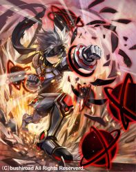 Rule 34 | 1boy, armor, armored boots, boots, cardfight!! vanguard, company name, divide monk of the shattering fist, eyepatch, gloves, grey hair, male focus, official art, rock, sakazu mekasuke, solo, yellow eyes