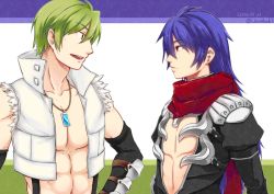 Rule 34 | 2boys, abs, armor, assassin cross (ragnarok online), black gloves, black shirt, blue hair, commentary request, crop top, dated, eremes guile, gauntlets, gloves, green hair, hair between eyes, howard alt-eisen, jewelry, kuzuki (ray), long hair, looking at another, looking to the side, male focus, multiple boys, necklace, open clothes, open mouth, open shirt, parted lips, pauldrons, ragnarok online, red eyes, red scarf, scarf, shirt, short hair, shoulder armor, suspenders, torn clothes, torn scarf, torn shirt, twitter username, upper body, white shirt, whitesmith (ragnarok online)