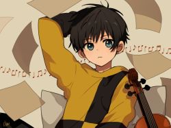 Rule 34 | 1boy, arisa (aren), arm up, artist name, beamed eighth notes, black hair, blue eyes, eighth note, instrument, long sleeves, looking at viewer, male focus, musical note, original, pages, short hair, solo, upper body, violin