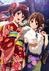 Rule 34 | 10s, 2girls, :d, :o, absurdres, arrow (projectile), brown eyes, brown hair, ema, floral print, flower, hair flower, hair ornament, hamaya, hibike! euphonium, highres, holding, holding paper, ikeda shouko, japanese clothes, kimono, multiple girls, new year, official art, omikuji, open mouth, oumae kumiko, oumae mamiko, outdoors, paper, siblings, sisters, smile, standing