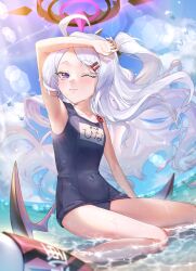 Rule 34 | 1girl, ;), ;3, ahoge, arm on own head, arm up, armpits, beach, blue archive, blue sky, blurry, cloud, cloudy sky, collarbone, commentary request, demon girl, demon horns, demon wings, depth of field, forehead, hair ornament, hairclip, halo, highres, hina (blue archive), hina (swimsuit) (blue archive), horns, in water, legs, lifebuoy, long hair, looking at viewer, name tag, ocean, official alternate costume, official alternate hairstyle, old school swimsuit, one eye closed, one side up, oomabiblogo2, outdoors, parted bangs, purple eyes, school swimsuit, shallow water, sidelocks, sitting, sky, sleeveless, smile, solo, sunlight, swim ring, swimsuit, wariza, water, wavy hair, whistle, whistle around neck, white hair, wind, wings