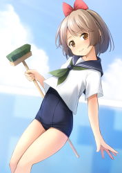 Rule 34 | 1girl, blue one-piece swimsuit, blue sailor collar, bow, brown eyes, brown hair, cleaning brush, commentary request, cowboy shot, green neckerchief, hair bow, highres, neckerchief, old school swimsuit, one-piece swimsuit, original, red bow, sailor collar, sailor shirt, school swimsuit, school uniform, serafuku, shibacha, shirt, short hair, solo, swimsuit, swimsuit under clothes