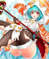 Rule 34 | 1girl, :d, ao (ao 10bx), aqua hair, ass, blue background, breasts, brown gloves, brown thighhighs, cropped legs, detached sleeves, fang, flower knight girl, gloves, holding, holding staff, hood, horns, large breasts, oniyuri (flower knight girl), open mouth, orange sleeves, panties, red eyes, shiny skin, short hair, single horn, smile, snowflakes, solo, staff, thighhighs, underwear, white panties