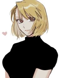 Rule 34 | 1girl, alternate hair length, alternate hairstyle, black shirt, blonde hair, bob cut, breasts, brown eyes, closed mouth, fullmetal alchemist, heart, highres, large breasts, lipstick, looking at viewer, makeup, ozaki (tsukiko3), riza hawkeye, shirt, short hair, short sleeves, simple background, smile, solo, turtleneck, upper body, white background