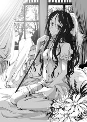 Rule 34 | 1girl, bed, curtains, flower, greyscale, highres, looking at viewer, monochrome, on bed, original, senkyoushi gondolf, sitting, solo, tree, wariza, window