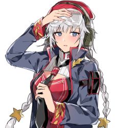 Rule 34 | 1girl, aogisa, bad id, bad twitter id, beret, blue eyes, blush, braid, breasts, girls&#039; frontline, hat, highres, low twintails, medium breasts, necktie, ots-12 (girls&#039; frontline), sidelocks, silver hair, solo, symbol-shaped pupils, twintails