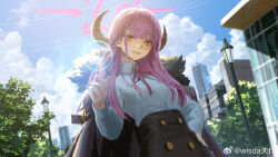 Rule 34 | 1girl, aru (blue archive), black skirt, blue archive, blunt bangs, blurry, breasts, building, chinese commentary, cloud, coat, coat on shoulders, collared shirt, day, depth of field, hand on own hip, hand up, high-waist skirt, horns, index finger raised, lamppost, long hair, long sleeves, looking at viewer, neck ribbon, outdoors, parted lips, pink hair, ribbon, shirt, shirt tucked in, skirt, skyscraper, small breasts, smile, solo, sparkle, sunlight, tree, upper body, weibo watermark, white shirt, wisda, yellow eyes