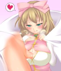 Rule 34 | 10s, 1girl, :q, bad id, bad pixiv id, blonde hair, blush, breasts squeezed together, breasts, bridal gauntlets, cleavage, cleavage cutout, clothing cutout, cum, cum on clothes, curly hair, eon (bottomline), green eyes, hair ribbon, haruka (senran kagura), heart, highres, jacket, jacket on shoulders, large breasts, paizuri, paizuri under clothes, penis, penis under another&#039;s clothes, perpendicular paizuri, pink background, ribbon, senran kagura, solo focus, spoken heart, tomohiro kai, tongue, tongue out, uncensored