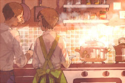 Rule 34 | 1boy, 1girl, bad id, bad pixiv id, blouse, brother and sister, brown hair, closed eyes, collared shirt, cooking, frying pan, glass, indoors, knife, makiyakinabe, open mouth, original, oven, pon (cielo), pot, shirt, siblings, skirt, sleeves rolled up, smile, steam, white shirt