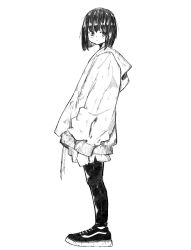 Rule 34 | 1girl, commentary, drawstring, from side, full body, greyscale, highres, hood, hood down, hoodie, leggings, long sleeves, looking at viewer, looking to the side, monochrome, nao97122, original, shoes, short hair, simple background, sneakers, solo, standing, white background