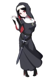 Rule 34 | 1girl, absurdres, black footwear, black hair, book, cross, cross necklace, fingerless gloves, full body, gloves, habit, hand up, highres, jewelry, kurotaotyo, looking at viewer, necklace, nun, original, red eyes, sheath, sheathed, smile, solo, standing, sword, tachi-e, traditional nun, transparent background, weapon