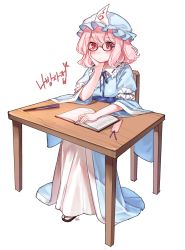 Rule 34 | 1girl, arm support, bad id, bad twitter id, bespectacled, black-framed eyewear, blue hat, blue kimono, book, bookmark, chair, expressionless, folding fan, full body, glasses, hand fan, hat, head rest, highres, japanese clothes, kimono, mob cap, pink eyes, pink hair, reading, ribbon trim, saigyouji yuyuko, shan, simple background, sitting, solo, table, touhou, triangular headpiece, white background