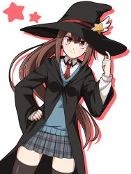 Rule 34 | 1girl, black thighhighs, dutch angle, hand on own hip, hat, holding, holding clothes, holding hat, khnchak, necktie, original, plaid, plaid skirt, pleated skirt, red necktie, school uniform, simple background, skirt, solo, star (symbol), sweater vest, thighhighs, tsurime, white background, witch hat, zettai ryouiki