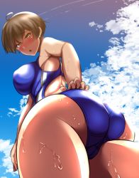 Rule 34 | 1girl, ahoge, ass, blue one-piece swimsuit, blush, breasts, cameltoe, competition swimsuit, dark skin, dark-skinned female, female focus, from below, huge ass, large breasts, looking at viewer, looking down, one-piece swimsuit, original, short hair, sky, solo, swimsuit, thick thighs, thighs, wet, yellow eyes, yottan