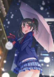 Rule 34 | 1girl, :d, absurdres, black hair, blue jacket, blue skirt, blurry, blurry background, blush, bow, cowboy shot, from below, gloves, hair between eyes, hair bow, highres, holding, holding umbrella, jacket, kobayashi nyoromichi, long sleeves, looking at viewer, love live!, love live! school idol project, medium hair, miniskirt, open mouth, plaid, plaid skirt, pleated skirt, red bow, red eyes, red gloves, red scarf, scarf, skirt, smile, snowing, solo, standing, twintails, umbrella, white umbrella, yazawa nico