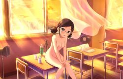 Rule 34 | 1girl, bare arms, bare legs, bare shoulders, black eyes, black hair, camera, chair, classroom, curtains, glasses, highres, idol, idolmaster, idolmaster cinderella girls, legs together, looking at viewer, notebook, nude, saejima kiyomi, school chair, school swimsuit, short hair, short twintails, smile, sunset, swimsuit, third-party edit, twintails, wind, window
