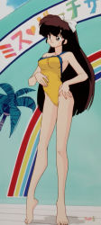 Rule 34 | 1980s (style), 1girl, breasts, brown hair, hand on own hip, highres, kuonji ukyou, long hair, medium breasts, nakajima atsuko, oldschool, one-piece swimsuit, ponytail, ranma 1/2, retro artstyle, ribbon, screencap, solo, standing, swimsuit, white ribbon, yellow one-piece swimsuit