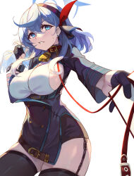 Rule 34 | 1girl, absurdres, ako (blue archive), bell, black skirt, black thighhighs, blue archive, blue eyes, blue gloves, blue hair, blue jacket, breasts, buttons, collar, cowbell, dawito, double-breasted, garter straps, gloves, hair between eyes, hair ribbon, hairband, half gloves, halo, highres, jacket, large breasts, leash, long hair, long sleeves, looking at viewer, miniskirt, pencil skirt, ribbon, sideboob, skirt, solo, thighhighs, thighs, underbust