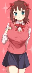 Rule 34 | 1girl, :o, amami haruka, blunt bangs, blush, breasts, brown hair, cowboy shot, green eyes, hair ribbon, hand on own chest, highres, idolmaster, idolmaster (classic), large breasts, looking at viewer, neck ribbon, pocchari, red background, red vest, ribbon, school uniform, simple background, solo, sparkle print, vest
