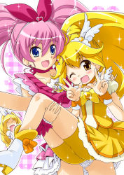 Rule 34 | 10s, 3girls, :d, ;d, bike shorts, blonde hair, blue eyes, boots, bow, brooch, carrying, choker, cure melody, cure peace, cure rhythm, double v, dress, eyelashes, hair flaps, happy, houjou hibiki, jewelry, kise yayoi, long hair, magical girl, minamino kanade, multiple girls, no eyes, one eye closed, open mouth, panties, pantyshot, pink background, pink bow, pink hair, plaid, plaid background, precure, princess carry, shorts, shorts under skirt, skirt, smile, smile precure!, suite precure, underwear, v, wide ponytail, wink, yellow bow, yellow dress, yellow eyes, yellow shorts, yellow skirt, yuuma (artist), yuuma (skirthike)
