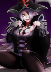 Rule 34 | 1girl, black pantyhose, breasts, cleavage, dahut (fate), drooling, eyepatch, fate/grand order, fate (series), francis drake (fate), hat, hip focus, large breasts, light purple hair, long hair, looking at viewer, makeup, misoca 30, pantyhose, saliva, smile, solo, thighhighs, thighs, yellow eyes