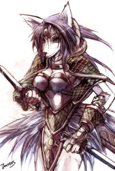 Rule 34 | 1girl, absurdly long hair, animal ear fluff, animal ears, armor, ayatosan, big hair, body fur, boots, breasts, cleavage, closed mouth, collarbone, colored eyelashes, eyebrows, eyelashes, face, fur collar, fur trim, furry, furry female, gloves, graphite (medium), holding, holding knife, holster, knife, long hair, looking at viewer, purple eyes, purple hair, sheath, sheathed, shoulder armor, sierra (lom), simple background, solo, tail, traditional media, very long hair, weapon, white background, wolf ears, wolf girl, wolf tail