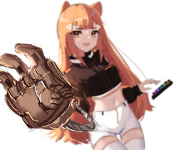 Rule 34 | 1girl, :3, animal ears, black jacket, blurry, blurry background, brown eyes, commentary, cropped jacket, dayshiart, english commentary, floating, hair ornament, hairclip, highres, indie virtual youtuber, jacket, keyboard (computer), long hair, mechanical arms, moofie (vtuber), open hand, open mouth, shorts, single mechanical arm, solo, thighhighs, tiger ears, tiger girl, very long hair, virtual youtuber, white background, white shorts