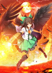 Rule 34 | &gt;:), 1girl, arm cannon, black hair, black thighhighs, cape, caution, dress, feathers, female focus, fire, highres, lightning, pyrokinesis, radiation symbol, radioactive, red eyes, reiuji utsuho, solo, thighhighs, touhou, v-shaped eyebrows, weapon, wings, zb (dawn-blue)