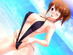 Rule 34 | 1girl, adjusting clothes, adjusting swimsuit, aneimo neo + second sister, beach, blush, breasts, brown eyes, brown hair, cloud, covered erect nipples, game cg, large breasts, legs, long hair, looking at viewer, navel, ocean, open mouth, ponytail, shinonome kazuhiko, sky, smile, standing, swimsuit, thighs, water, wink