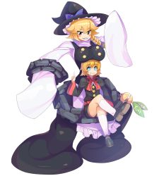 Rule 34 | 1boy, 1girl, belt, black eyes, black footwear, black hat, black shorts, blonde hair, blue bow, blush stickers, bow, braid, breast rest, breasts, breasts on head, capelet, chain, character name, cookie (touhou), crossed legs, full body, guilty gear, guilty gear xrd, hair between eyes, hat, hat bow, highres, kirisame marisa, kneehighs, kum haehyun, kum jonryoku, large breasts, loafers, long sleeves, looking at viewer, meguru (cookie), neck ribbon, parody, pointing, pointing up, red ribbon, ribbon, sharp teeth, shoes, shorts, side braid, single braid, sitting, sleeves past wrists, socks, tarmo, teeth, thick eyebrows, touhou, transparent background, tsurime, white socks, witch hat, yuuh! (cookie)