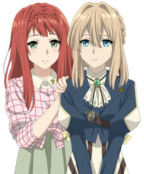 Rule 34 | 10s, 2girls, behind another, blonde hair, blue eyes, blue jacket, blush, braid, breasts, brooch, cp9a, dress, green dress, green eyes, hair between eyes, hair intakes, hair ribbon, hand on shoulder, jacket, jewelry, long hair, long sleeves, looking at viewer, luculia marlborough, multiple girls, red hair, red ribbon, ribbon, smile, upper body, violet evergarden, violet evergarden (series)