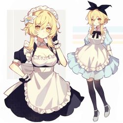 Rule 34 | 1girl, alternate costume, apron, black bow, black dress, black thighhighs, blonde hair, blue dress, blush, bow, closed mouth, dress, enmaided, flower, frilled apron, frilled dress, frills, genshin impact, hair bow, hair flower, hair ornament, highres, looking at viewer, lumine (genshin impact), maid, maid headdress, multiple views, puffy short sleeves, puffy sleeves, reido 0723, shoes, short hair with long locks, short sleeves, smile, thighhighs, white apron, white flower, white footwear, yellow eyes